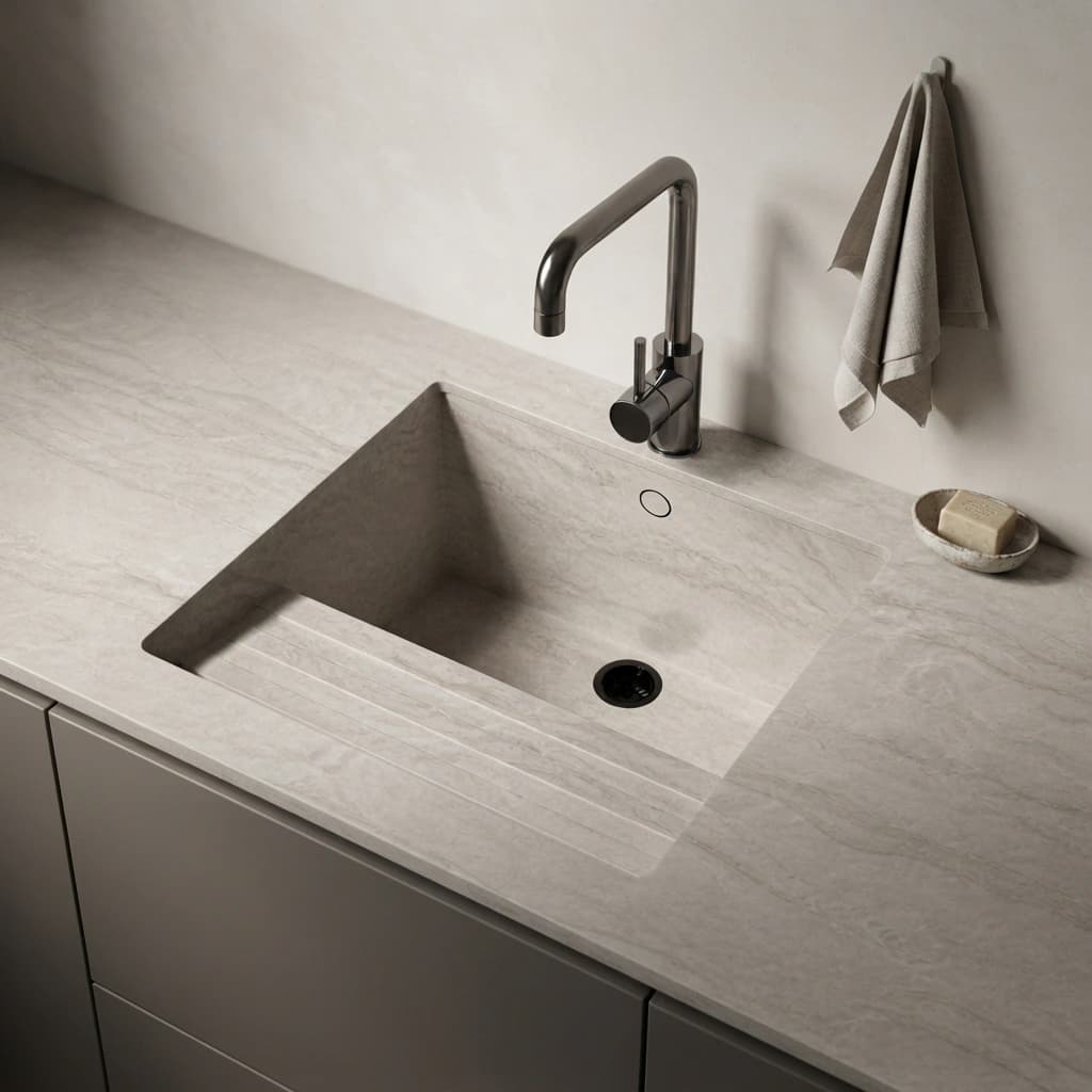 Dekton Arga countertop with integrated sink and kitchen faucet