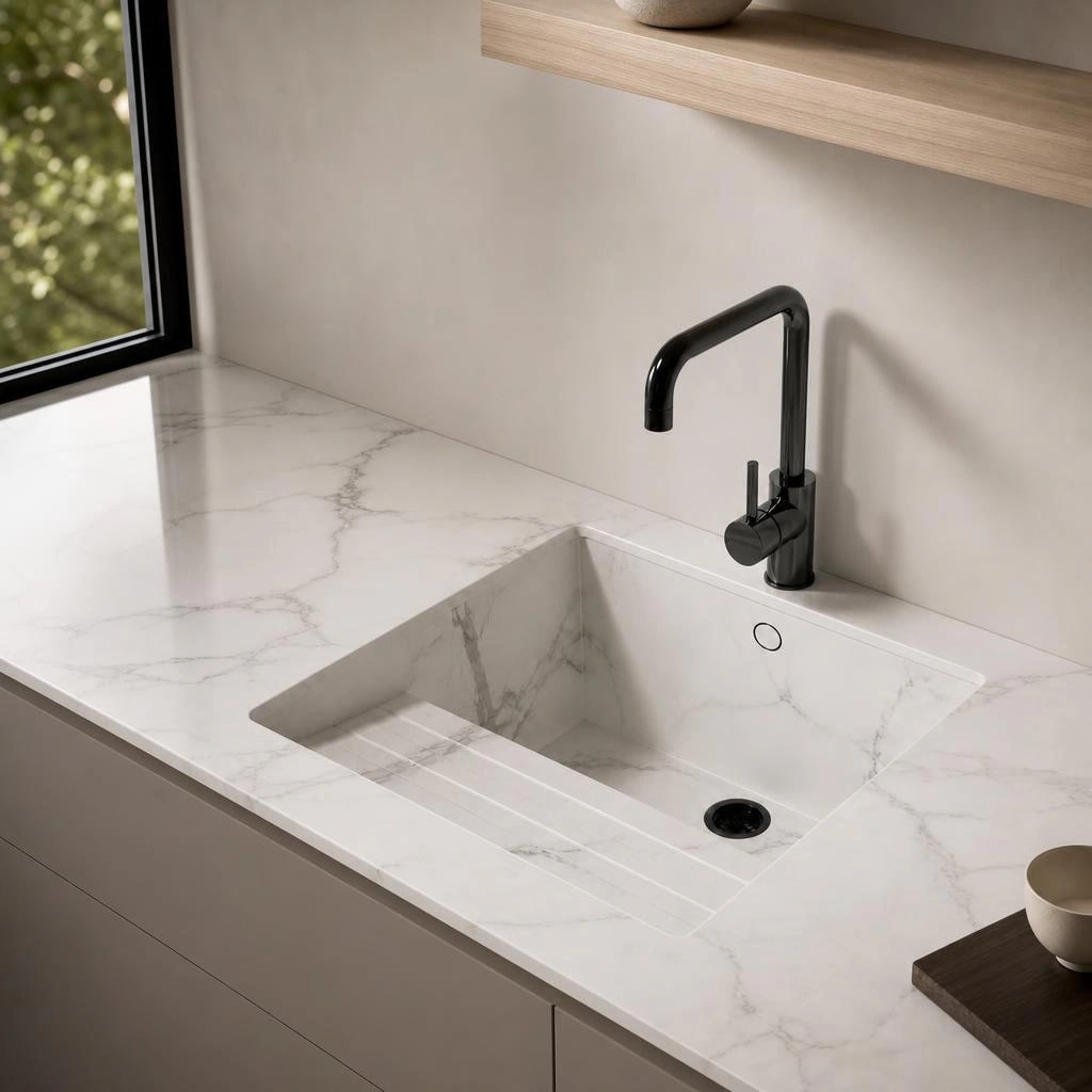 White Dekton Aura worktop with grey veining, integrated sink and black tap