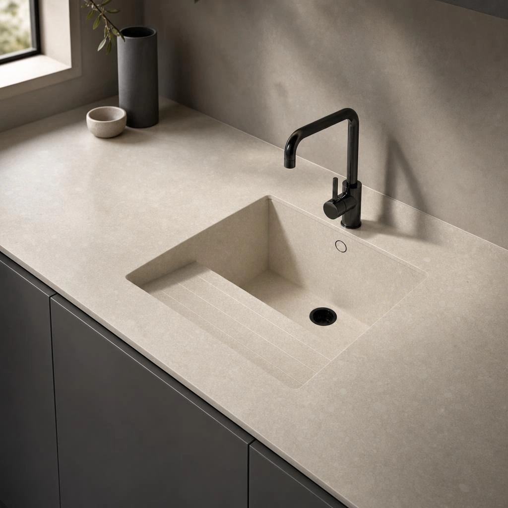 Dekton Ava worktop with integrated sink and black tap