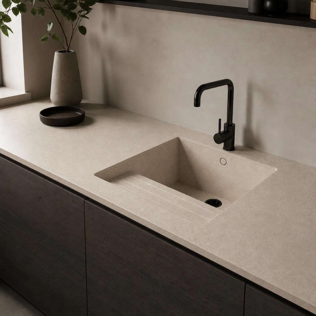 Dekton Sa Talaia worktop in Avorio with an integrated sink and black tap