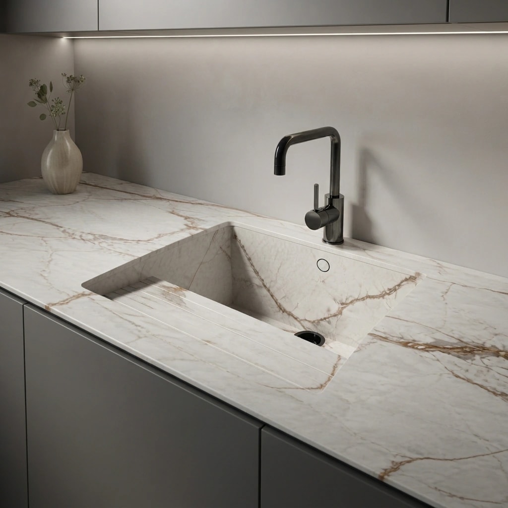 Dekton Awake Arbeitsplatte mit integriertem Spülbecken und schwarzer Armatur
