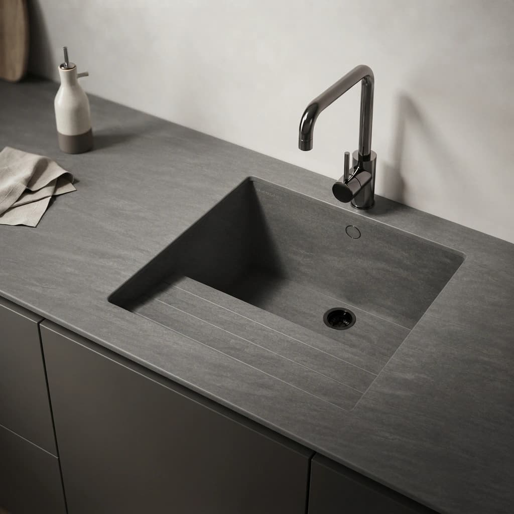 Dekton Bromo worktop with integrated sink and black tap