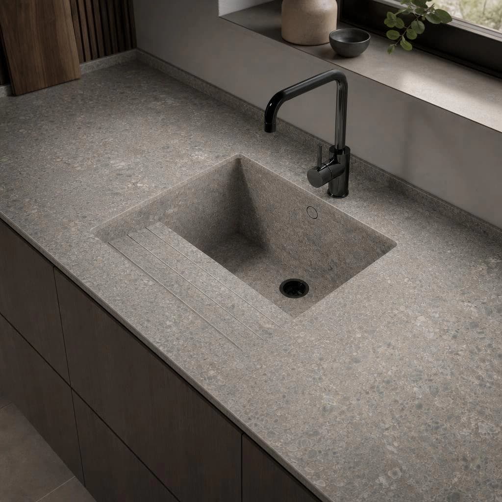 Dekton Sa Talaia countertop in Ceppo with integrated sink and black tap