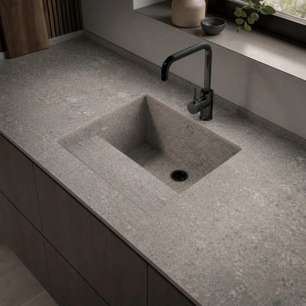Dekton Sa Talaia countertop in Ceppo with integrated sink and black tap