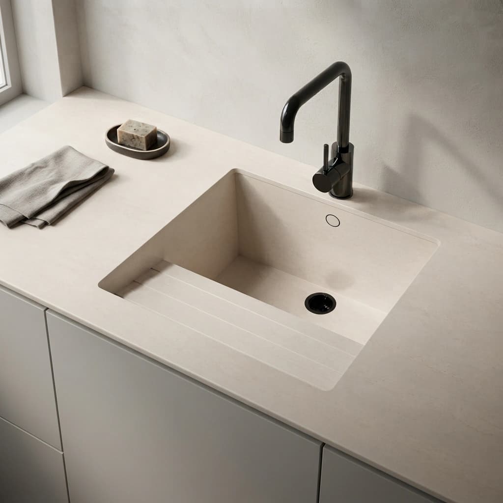 Dekton Danae worktop with integrated sink and black tap