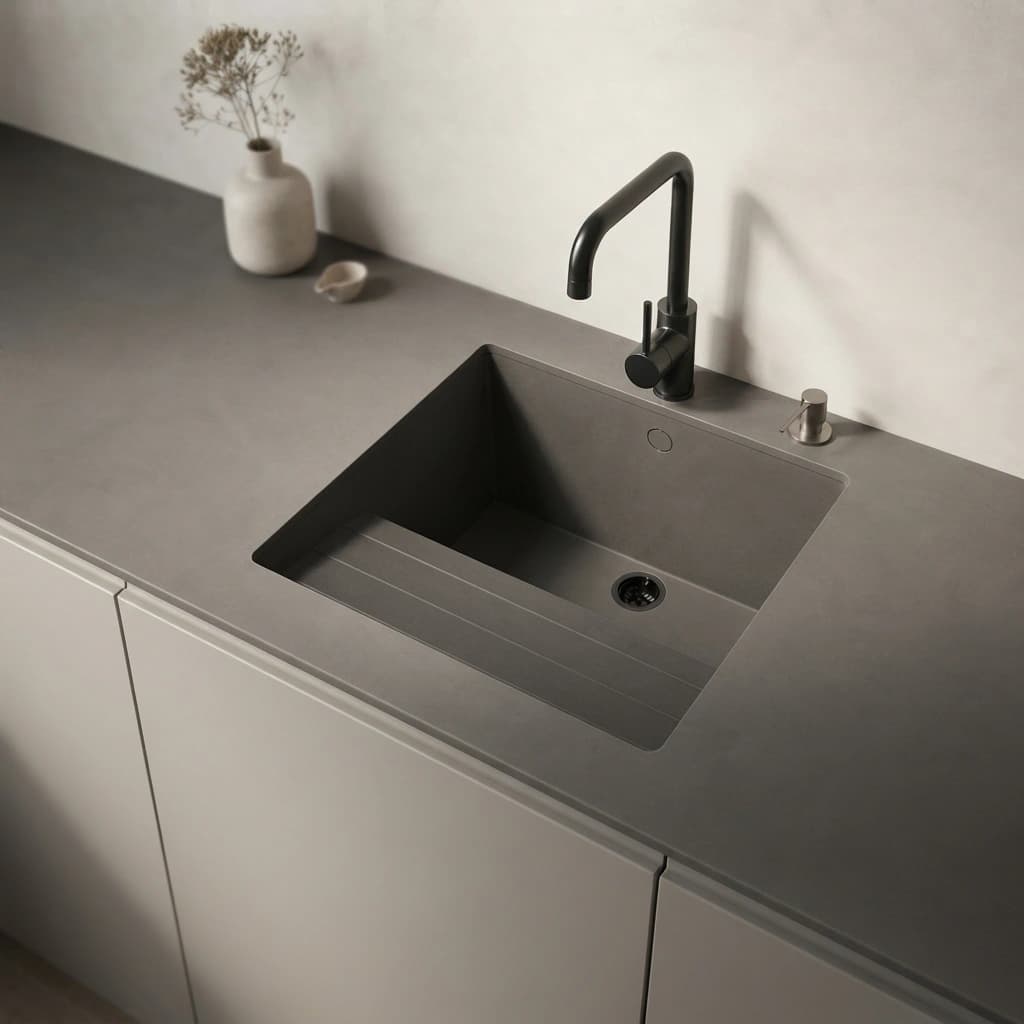 Dekton Domoos worktop with integrated sink, black tap and soap dispenser