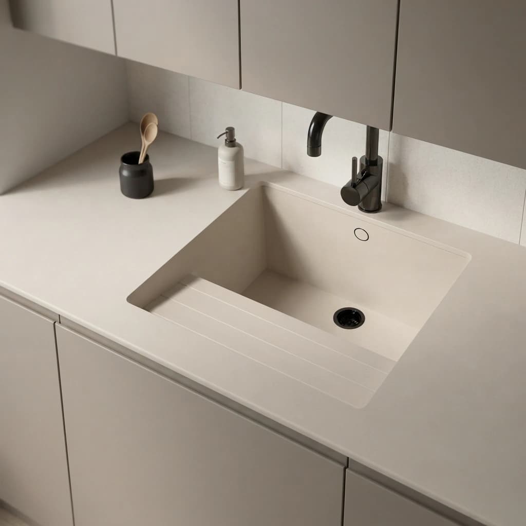 Dekton Dunna Sa Talaia Arbeitsplatte in einer Küche mit integriertem Spülbecken und schwarzer Armatur