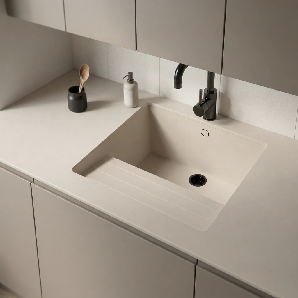 Dekton Dunna Sa Talaia Arbeitsplatte in einer Küche mit integriertem Spülbecken und schwarzer Armatur