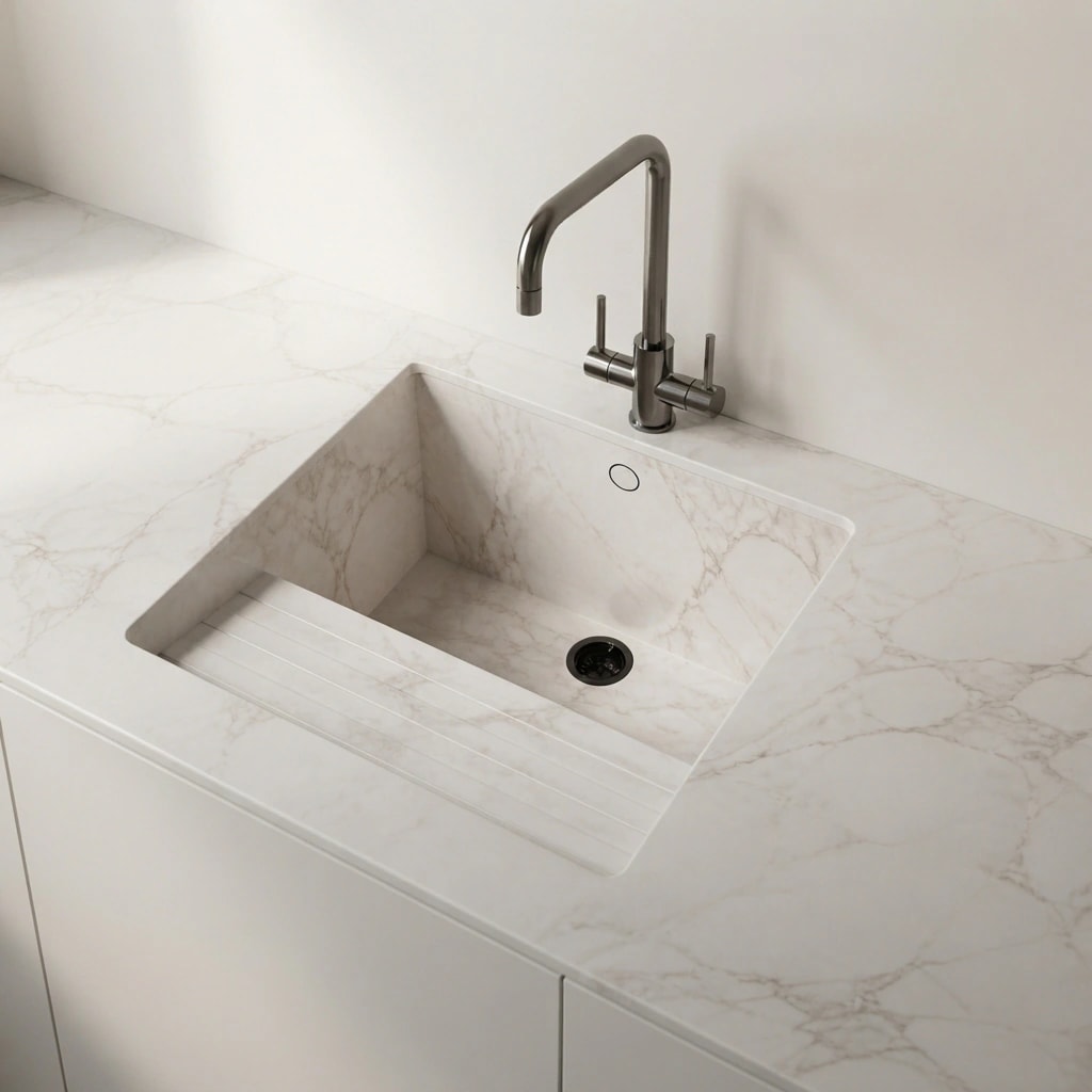 Dekton Entzo countertop with integrated sink and kitchen faucet