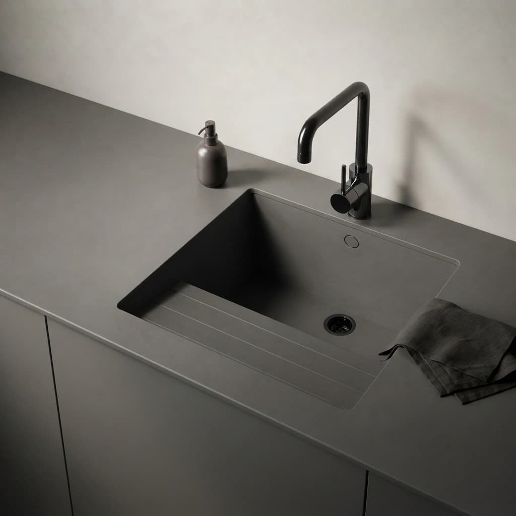 Dekton Sa Talaia countertop in Eter with integrated sink, black tap and dispenser