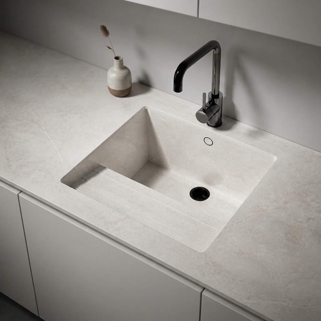 Dekton Evok worktop with integrated sink and black tap