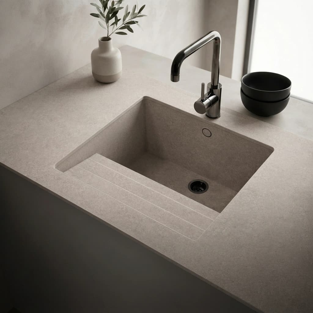 Dekton Grigio countertop with integrated sink, chrome faucet and black bowls
