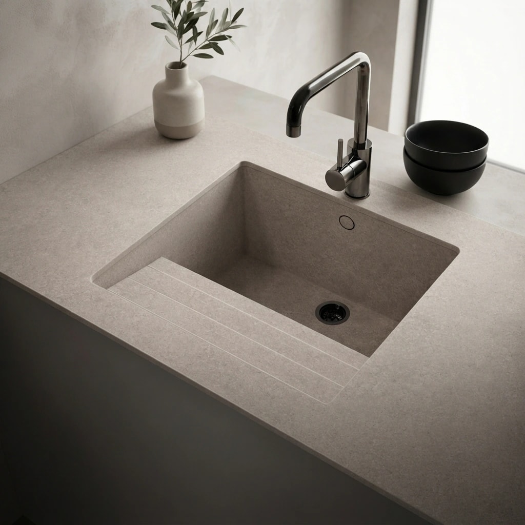 Dekton Grigio countertop with integrated sink, chrome faucet and black bowls
