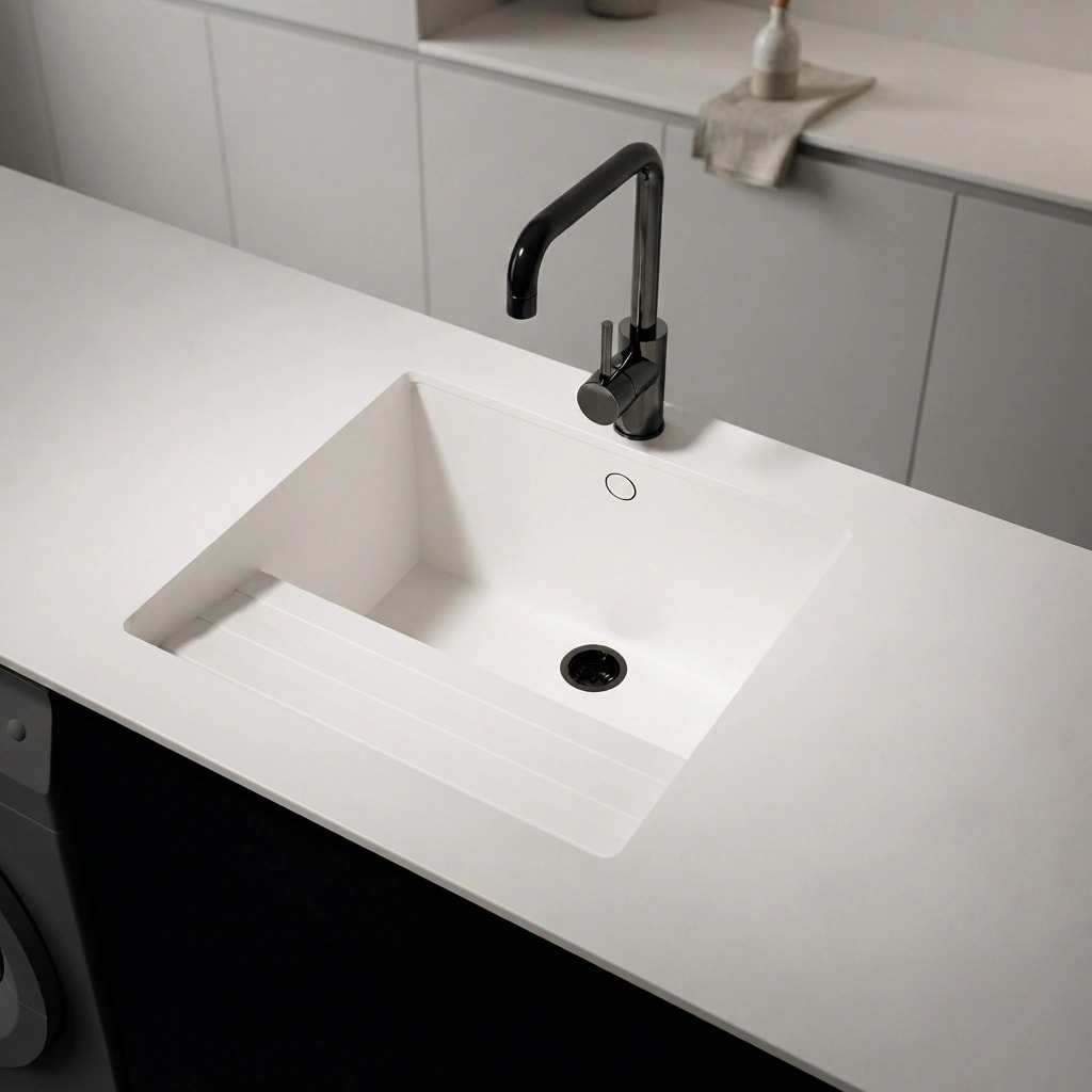 White Dekton Sa Talaia Halo worktop with integrated sink and black tap