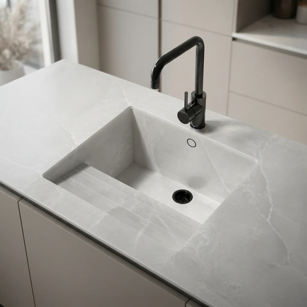 Dekton Helena worktop with integrated sink and black tap