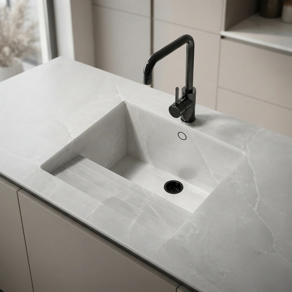 Dekton Helena worktop with integrated sink and black tap