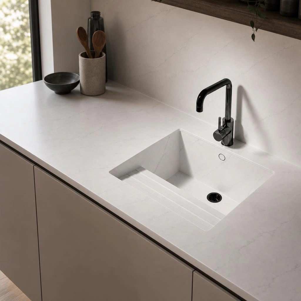 White Dekton Kairos kitchen countertop with integrated sink and black tap