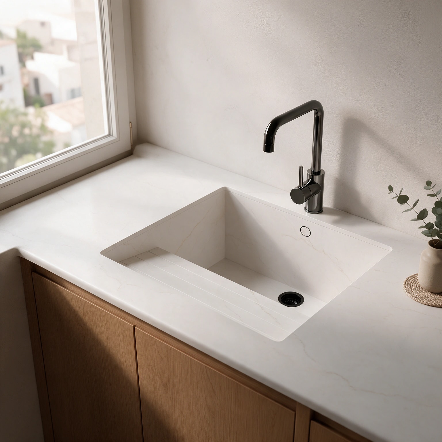 Sa Talaia sink integrated into a Dekton Keena kitchen countertop.