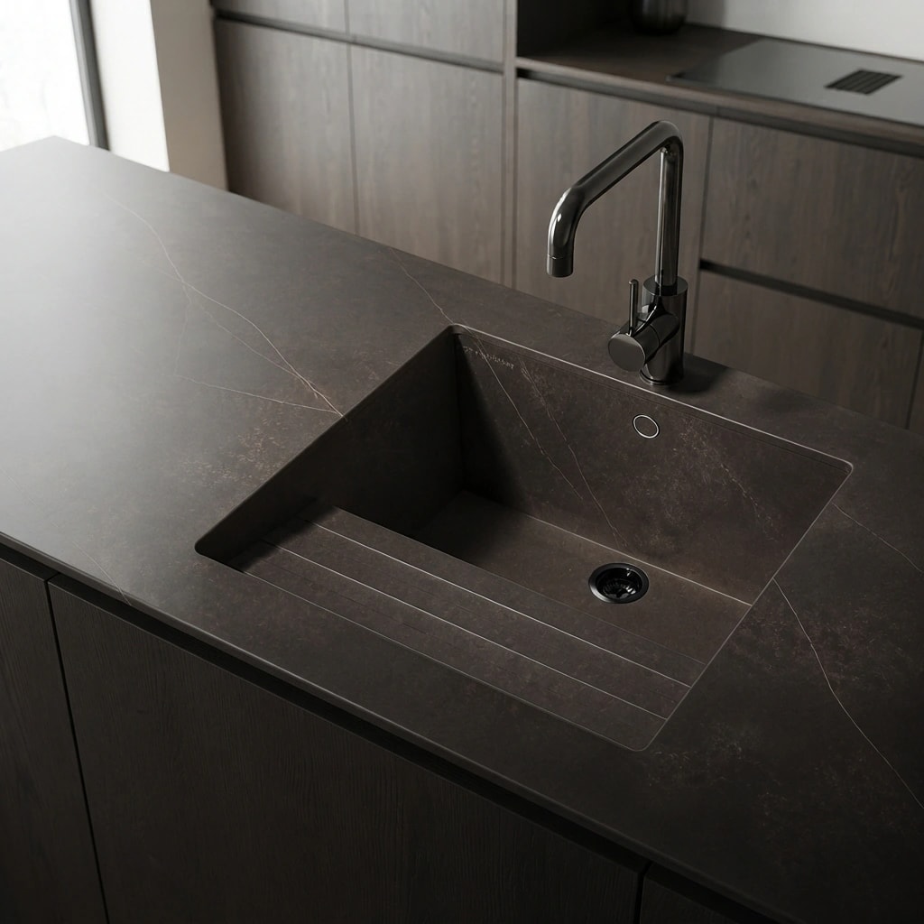 Dekton Kelya countertop with integrated sink and black faucet