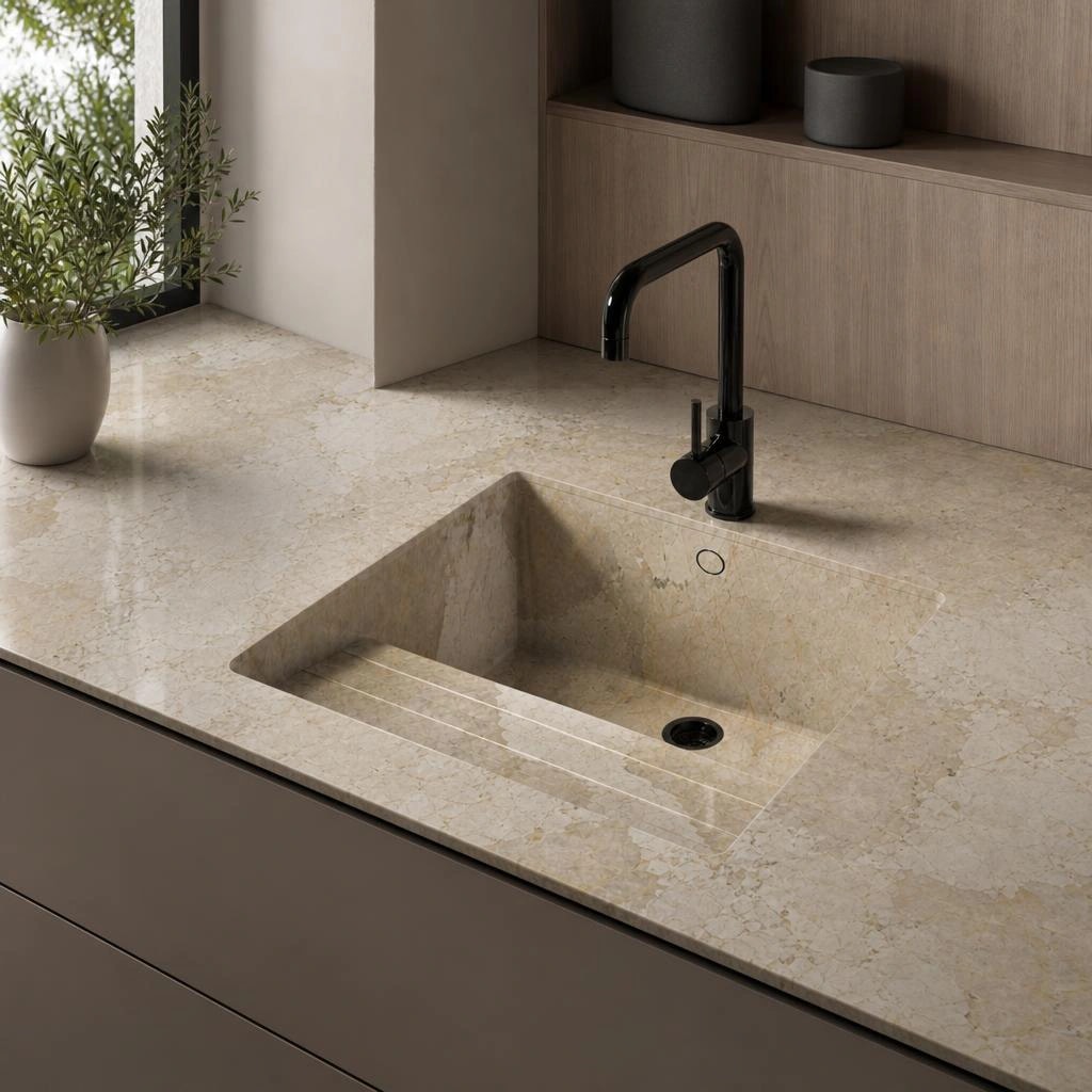 Dekton Khalo countertop with integrated sink and black tap