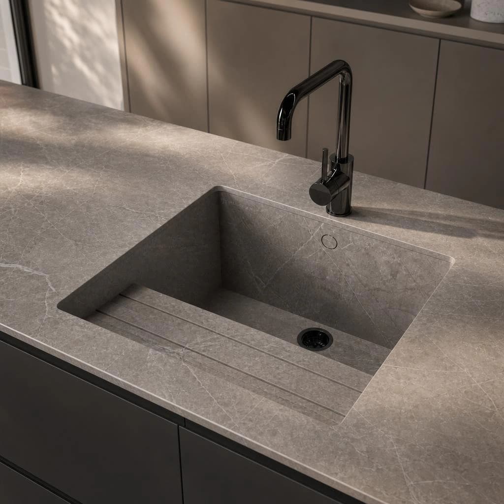 Bancada Dekton Kira com lava-loiça integrado e torneira preta