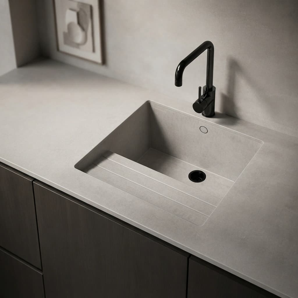 Dekton Kreta countertop with integrated sink and black tap