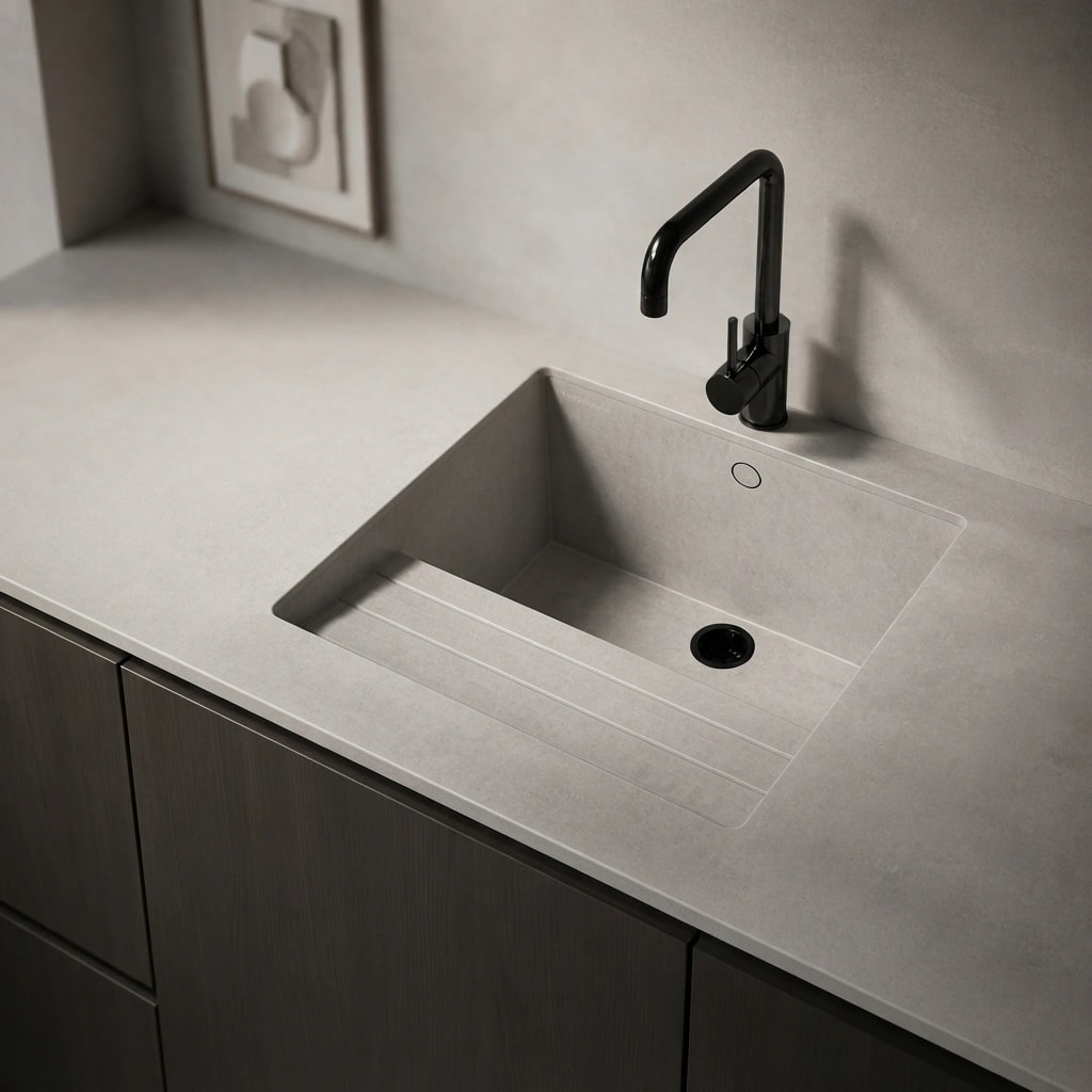 Dekton Kreta countertop with integrated sink and black tap