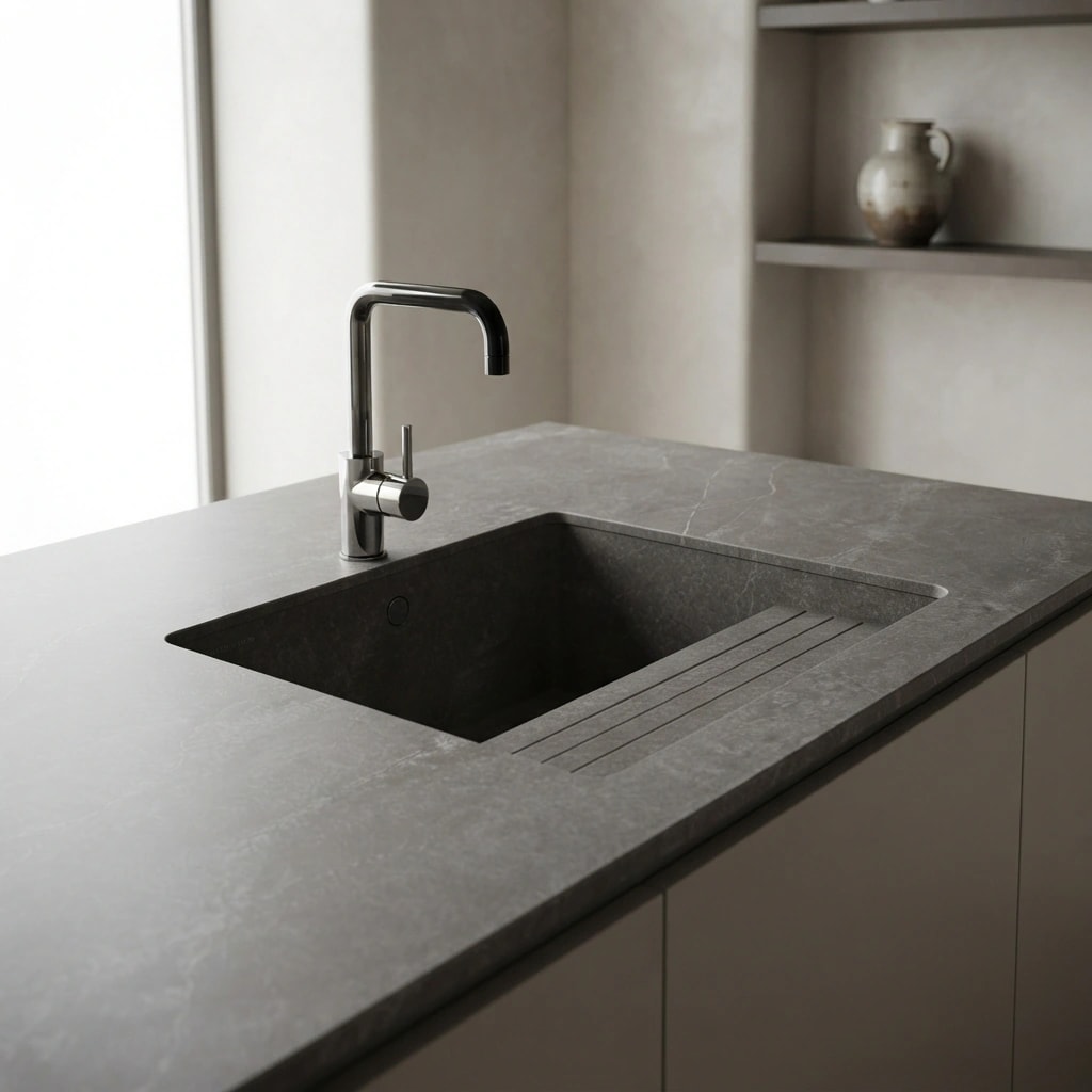 Dekton Laos worktop with integrated sink, drainer and black tap