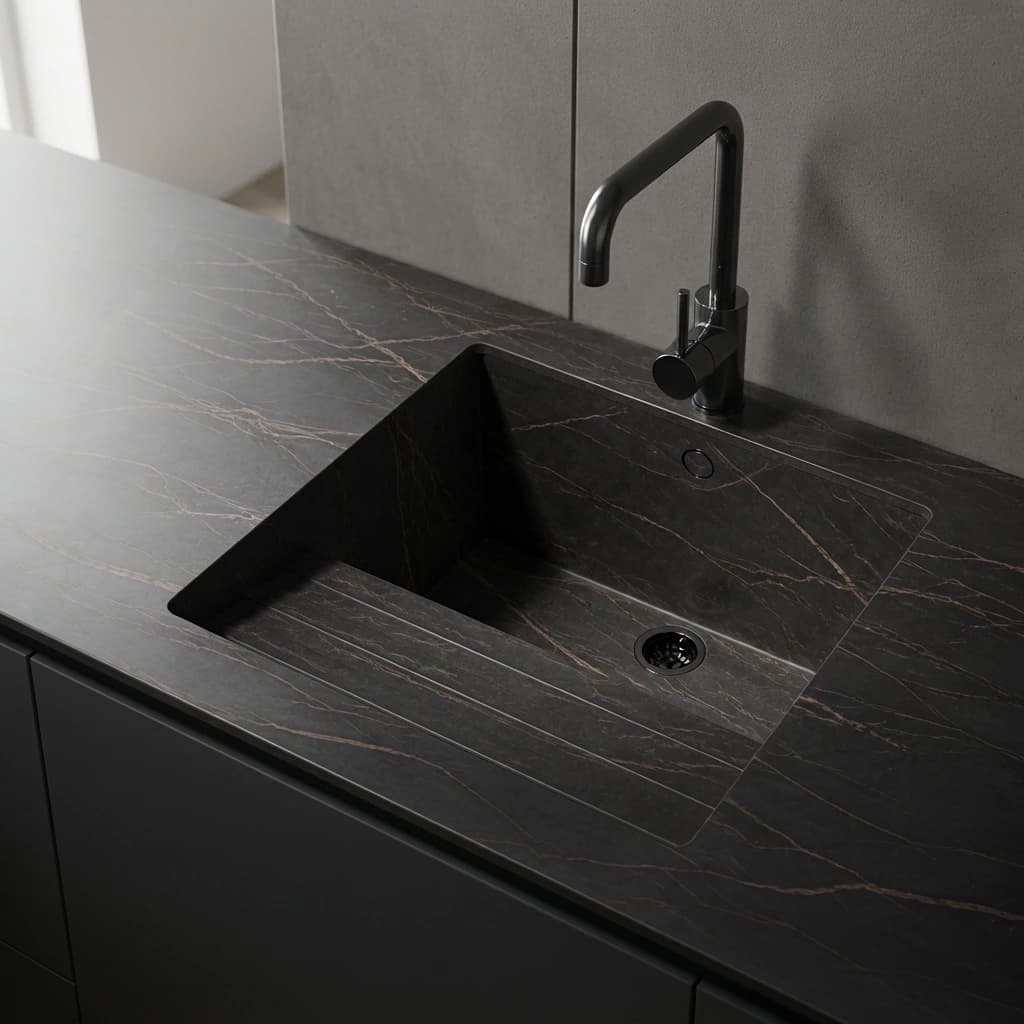 Dekton Laurent countertop with integrated sink and black faucet