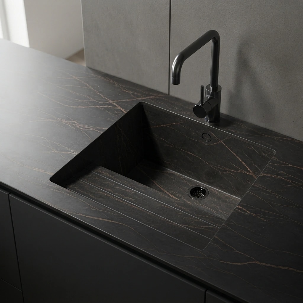 Dekton Laurent countertop with integrated sink and black faucet