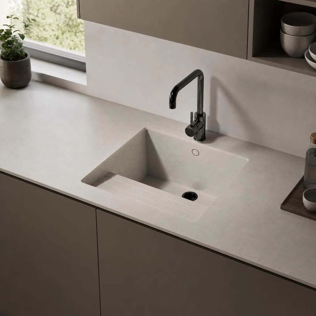 Dekton Lunar countertop in a kitchen with an integrated sink and black tap