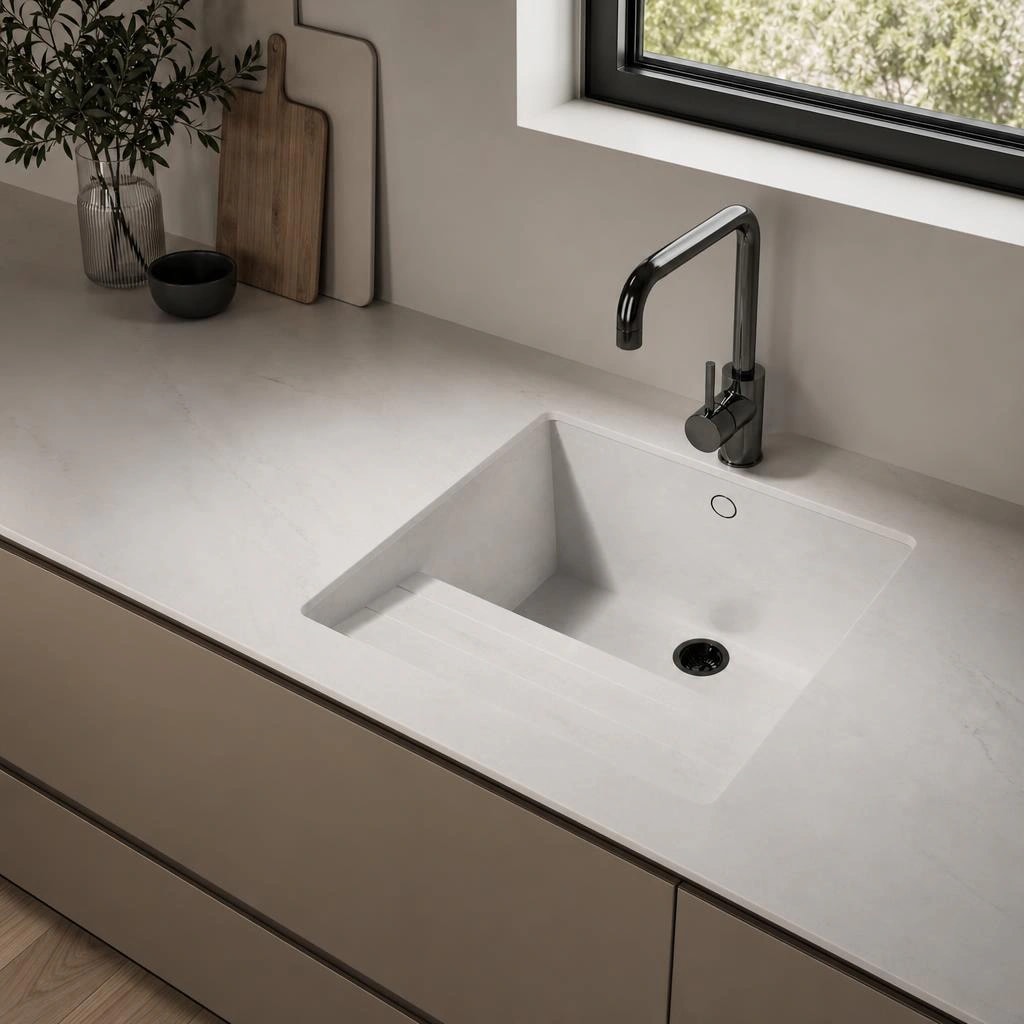 Dekton Marina worktop with integrated sink and black tap