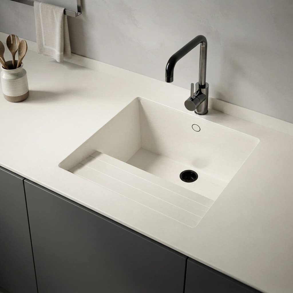 Dekton Moone countertop with integrated sink and black faucet
