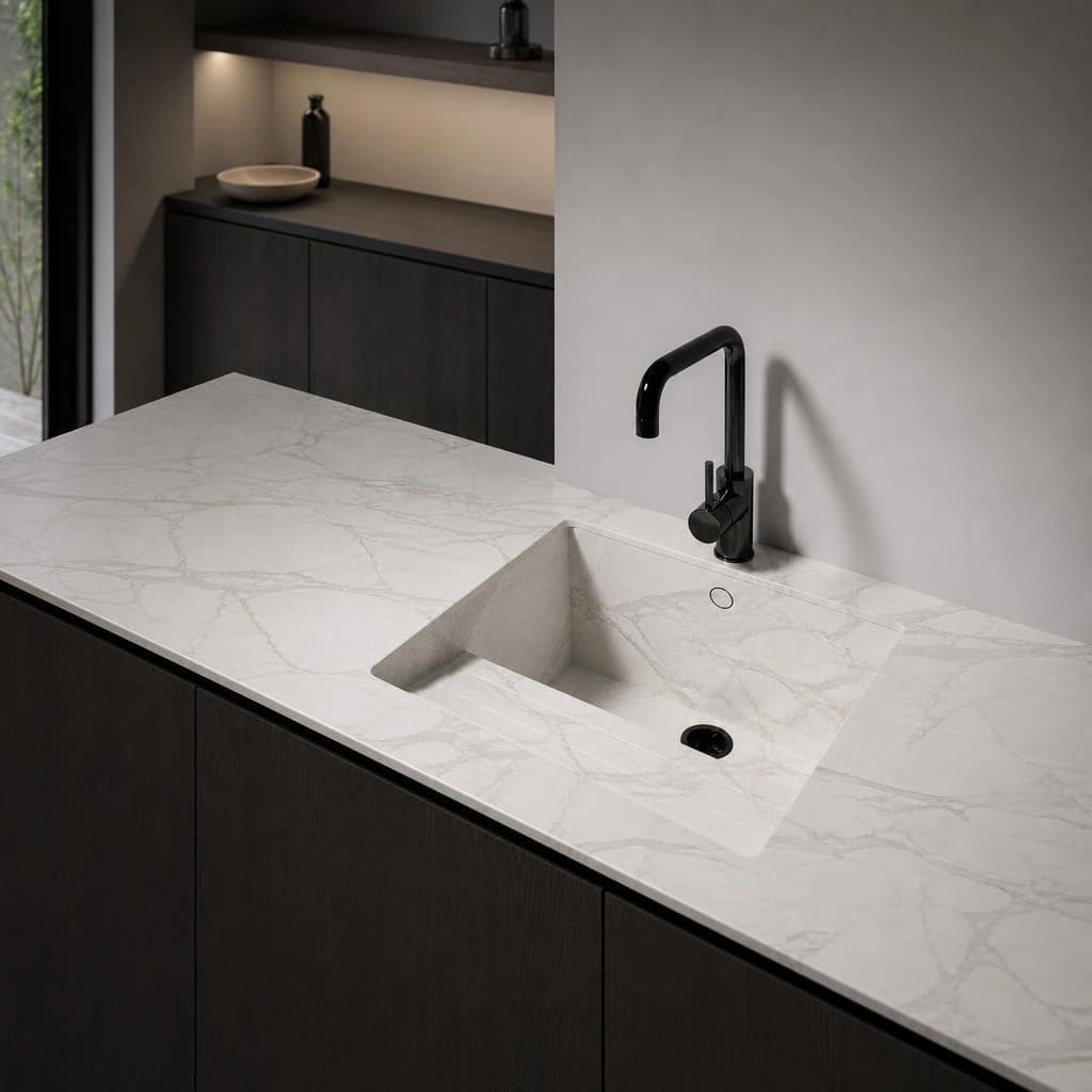 Dekton Morpheus worktop with integrated sink and black tap