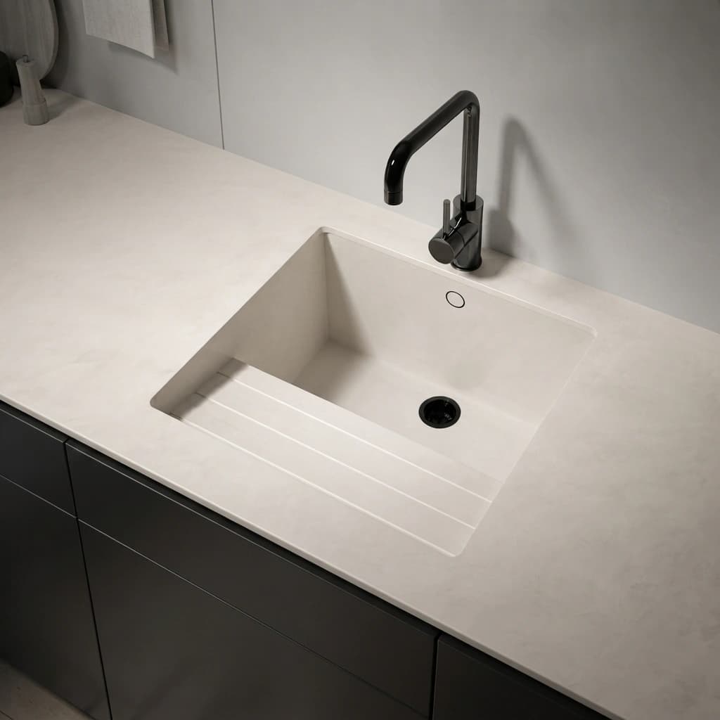 Dekton Sa Talaia countertop in Nacre with integrated sink and black tap