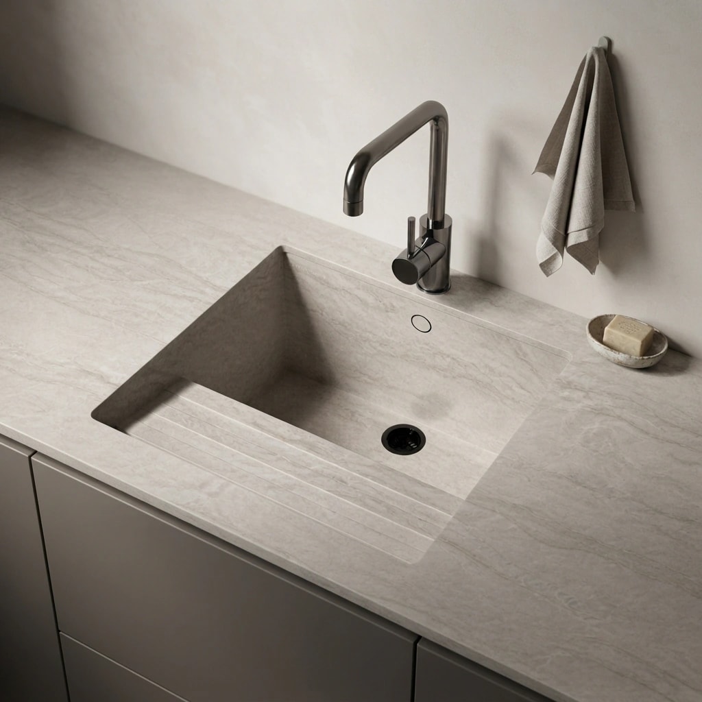 Dekton Nara worktop with integrated sink and kitchen tap
