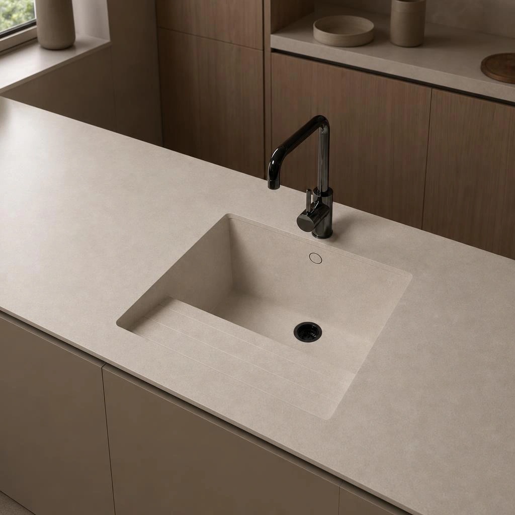 Dekton Nebbia worktop with integrated sink and black tap