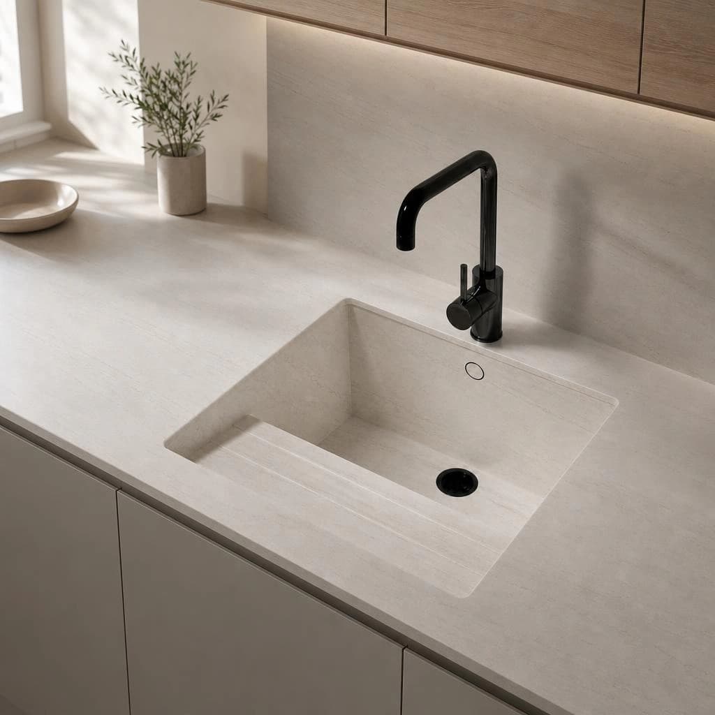 Bancada Dekton Neural com lava-loiça integrado e torneira preta