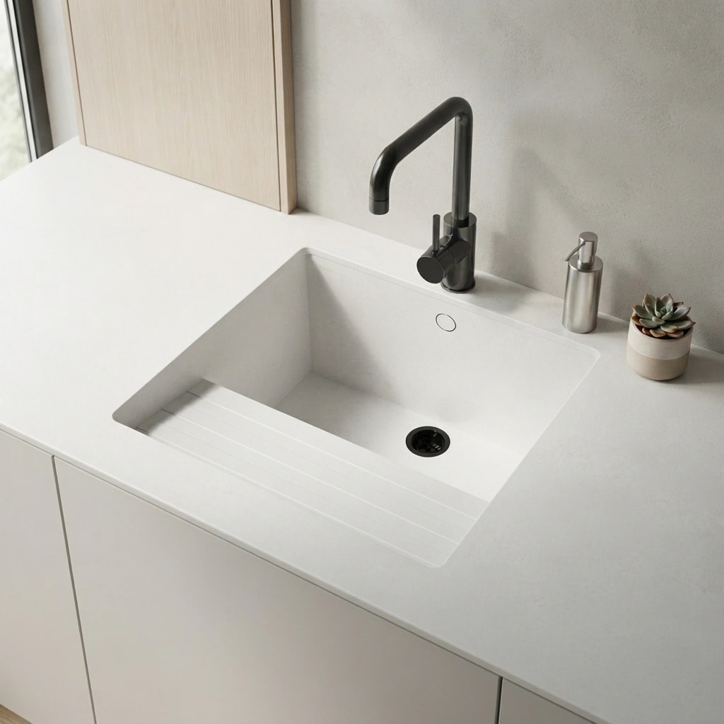 White Dekton Polar countertop with integrated sink, black tap and metal dispenser