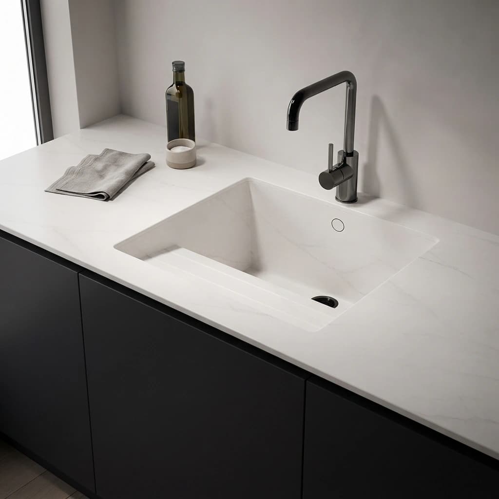 Dekton Rem worktop with integrated sink and black tap