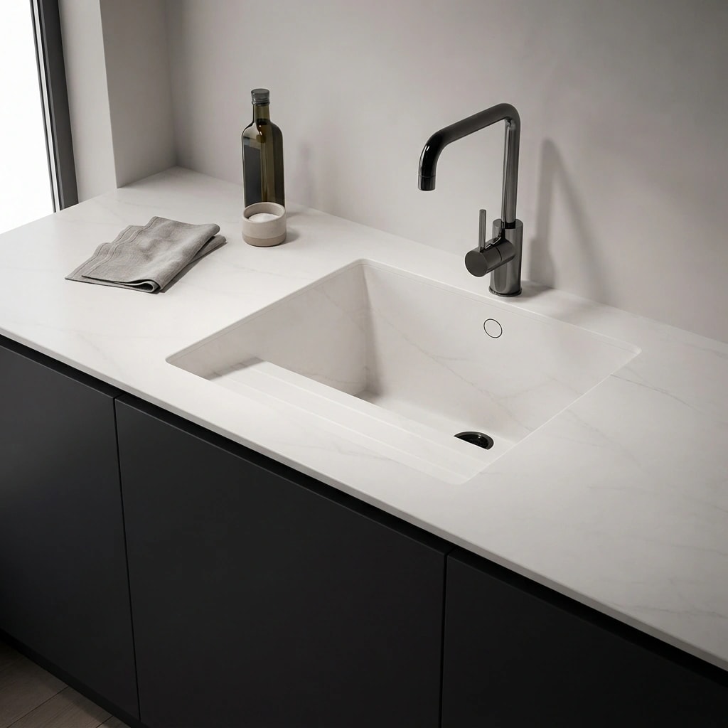 Dekton Rem worktop with integrated sink and black tap