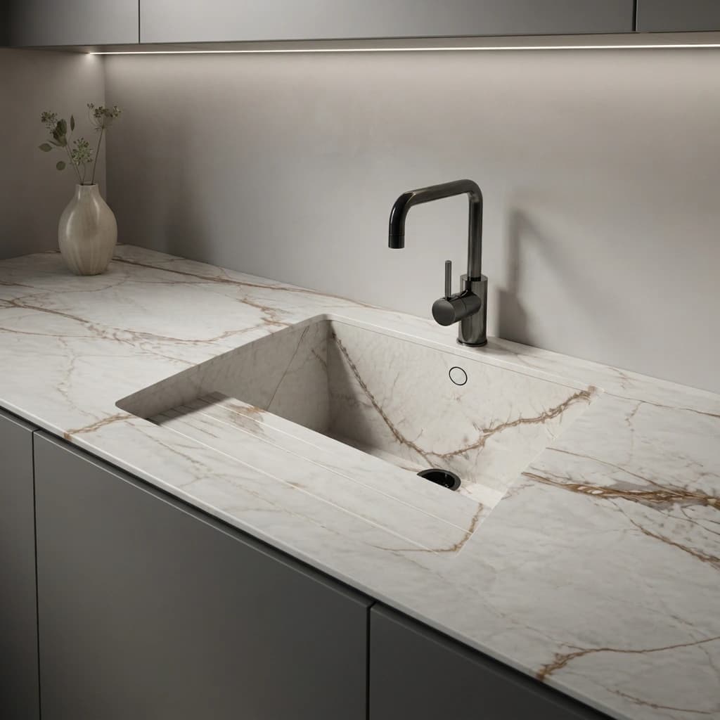 Piano di lavoro Dekton Reverie con lavello integrato e rubinetto nero