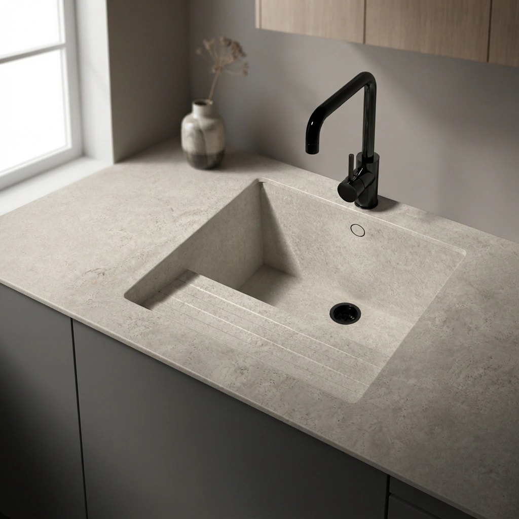 Dekton Sa Talaia worktop in Sabbia with integrated sink and black tap
