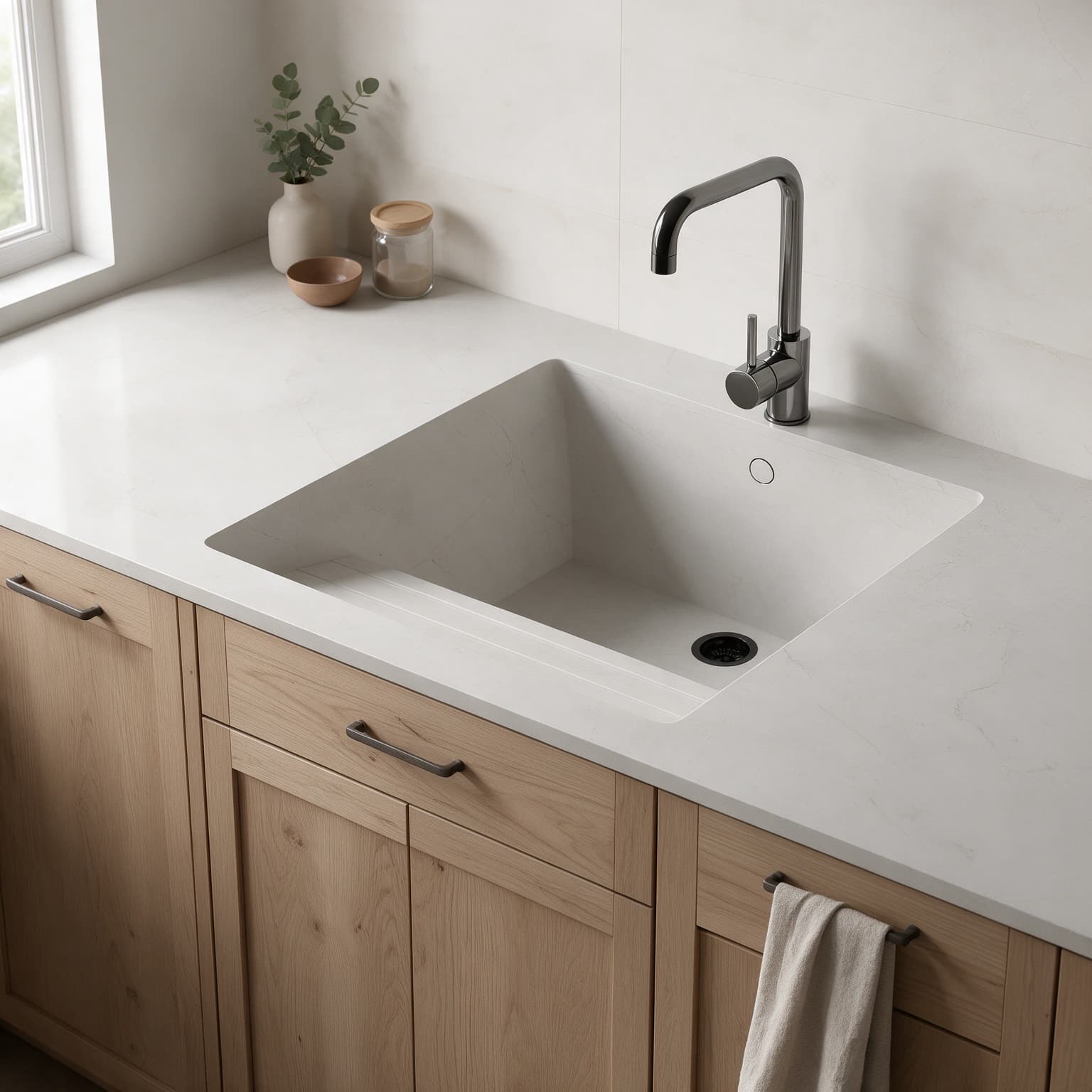 Sa Talaia sink integrated into a Dekton Sandik kitchen countertop.