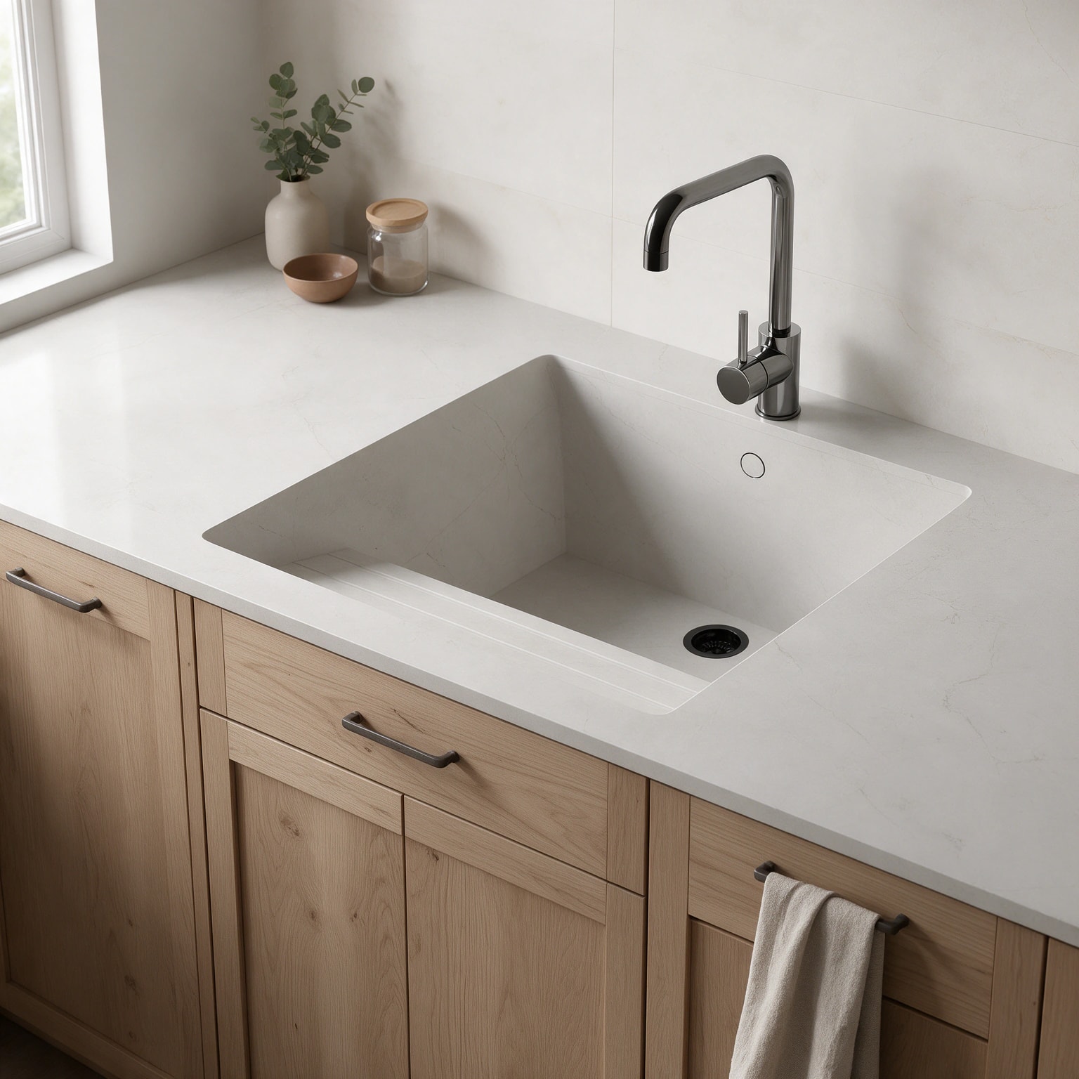 Sa Talaia sink integrated into a Dekton Sandik kitchen countertop.
