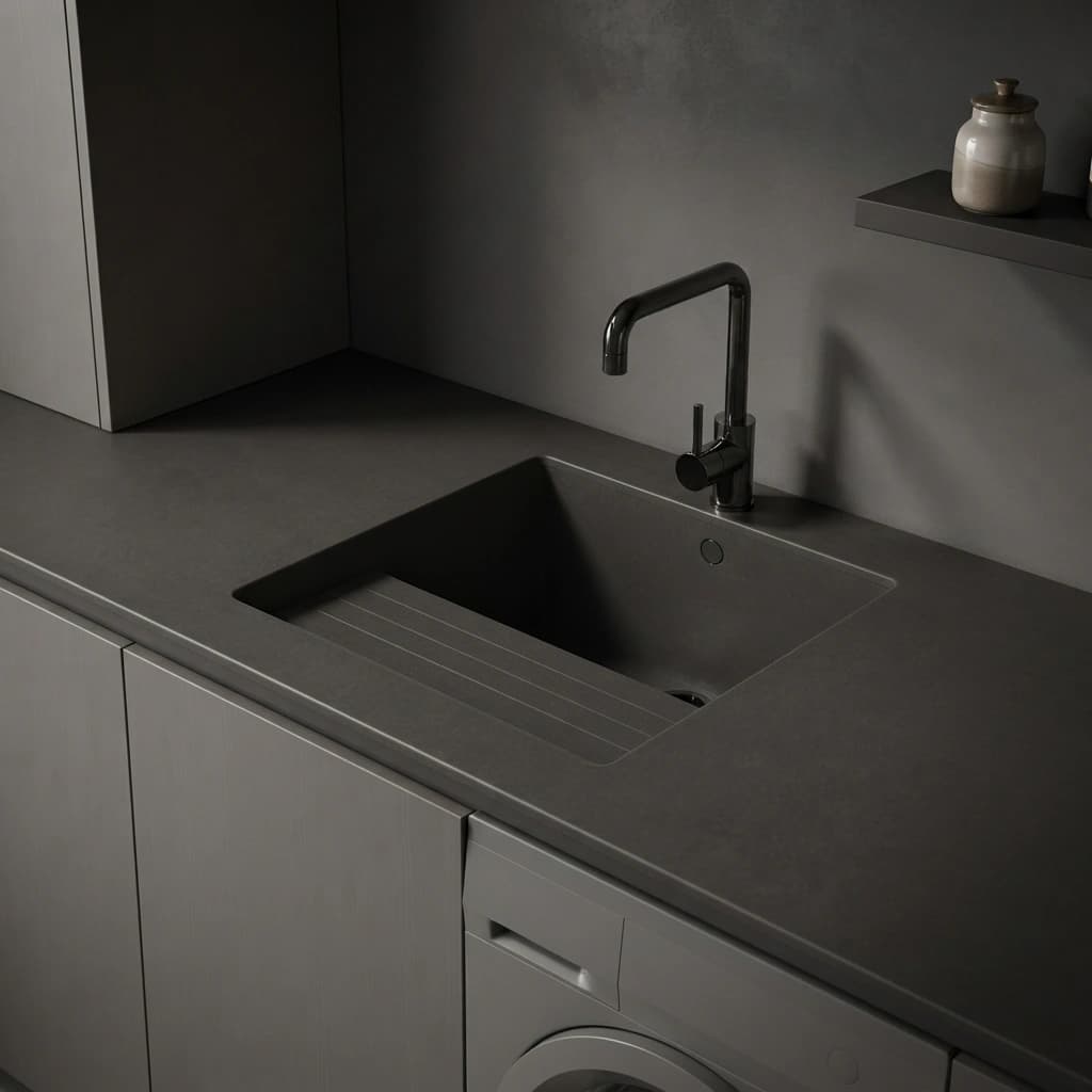 Dekton Sirius Arbeitsplatte in dunkler Farbe mit integriertem Spülbecken und schwarzer Armatur