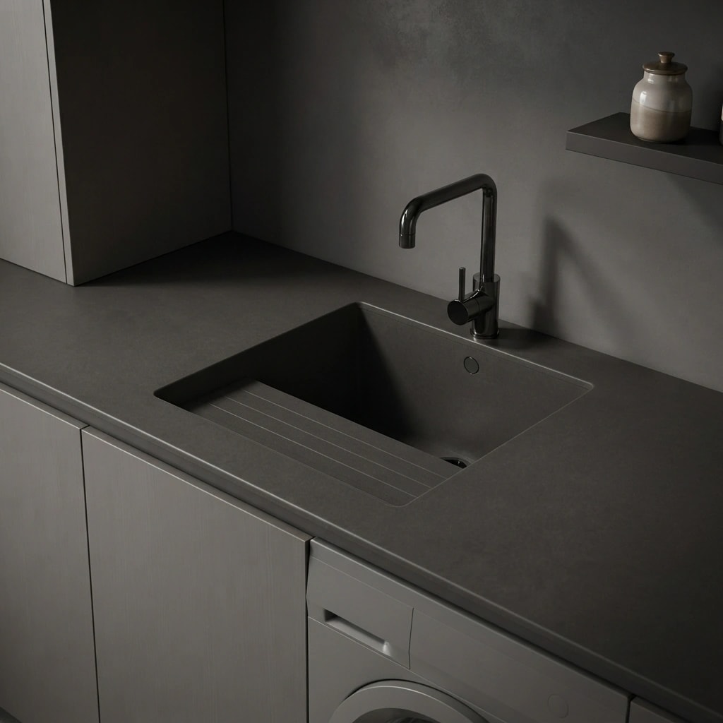 Plan de travail Dekton Sirius de couleur sombre avec évier intégré et robinet noir