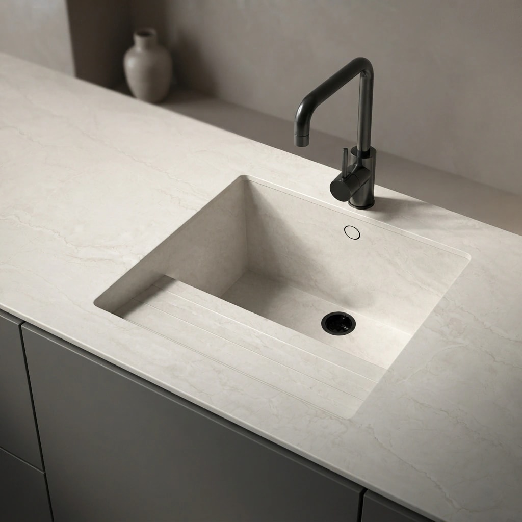 Dekton Thala countertop with integrated sink and black faucet