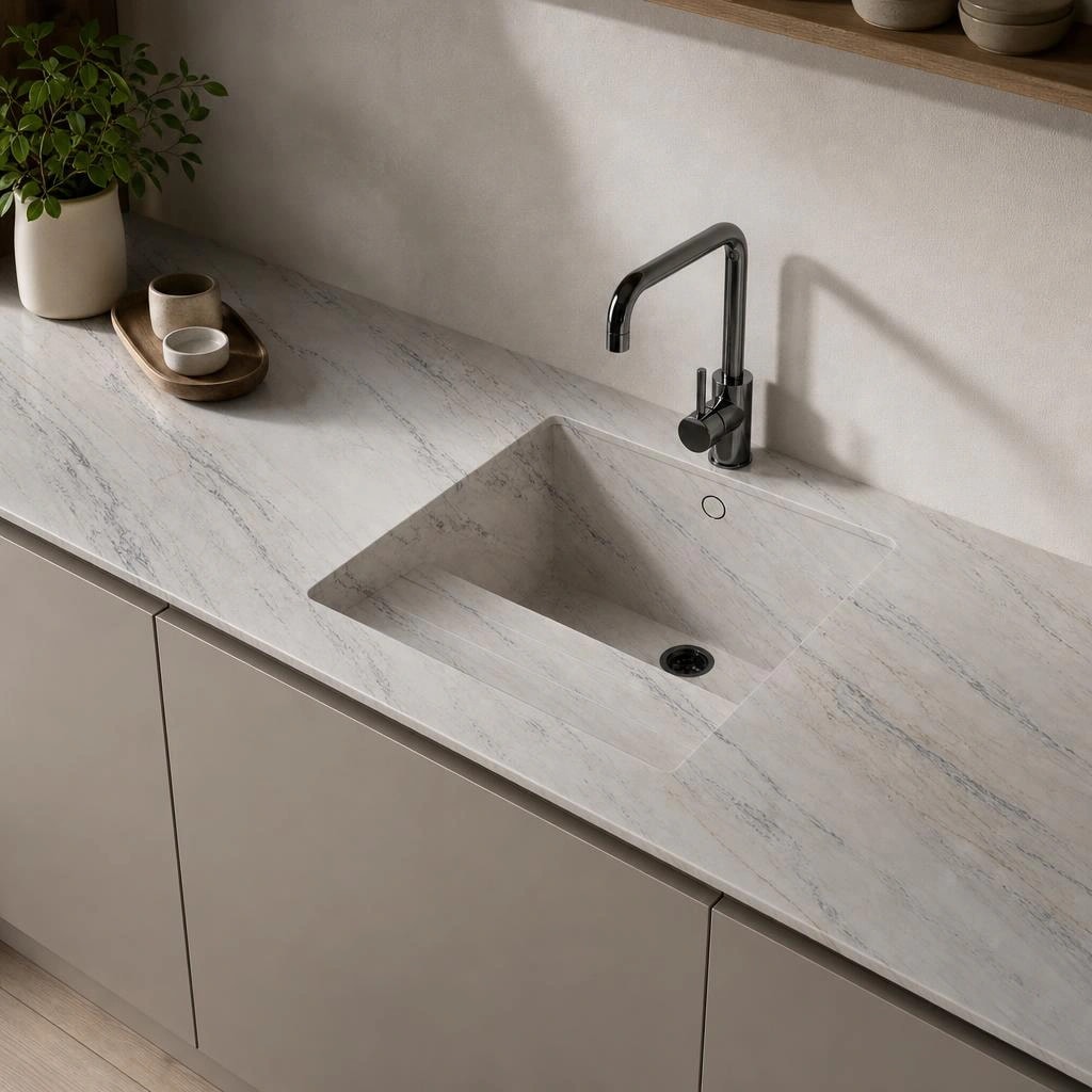 Piano di lavoro Dekton Trance con lavello integrato e rubinetto nero