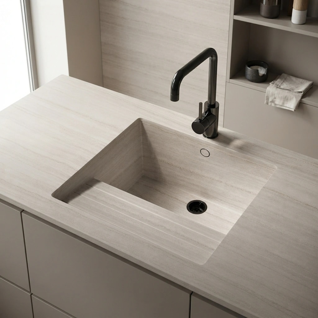Dekton Trevi countertop with integrated sink and black faucet